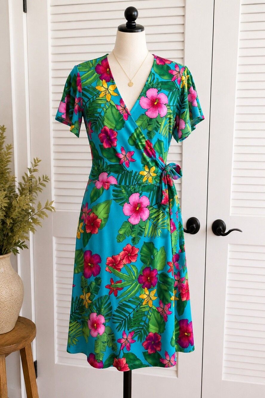 Susan Graver Tropical Floral Faux Wrap Dress S Blue Pink Short Sleeve Stretch